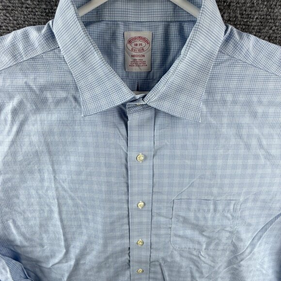 Brooks Brothers Blue Check Cotton Madison 18 35 Non-Iron Shirt Button Up Men - Picture 1 of 10